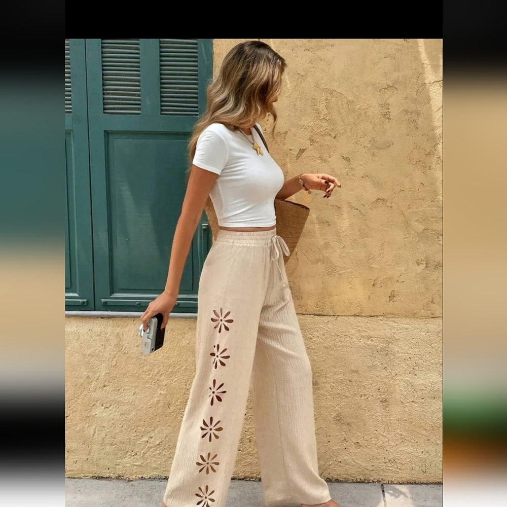 Beige Floral Cutout Linen Pants - Picture 4 of 5